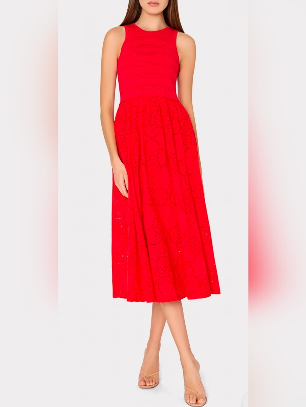 Milly Geo Eyelet Knit Combo Midi Dress Red Size Large